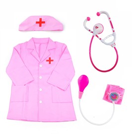 ZJstyle 4 Pcs Kids Doctors Costume Unisex Doctor Fancy Dress Set with Doctor Outfit, Stethoscope, Doctor Roleplay Costume Kids Pretend Role Play Dress Up Sets for 3-6 Years Boys and Girls (Pink)