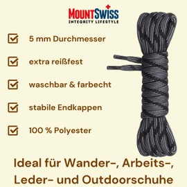 Mount Swiss© Round Laces for Trekking and Work Shoes, Extra Tear-Resistant, Diameter 5 mm, Length 70-220 cm, Polyester - Black - 110 cm