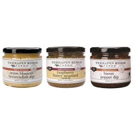 Terrapin Ridge Farms Gourmet Gift Dip Variety Sampler Set for Charcuterie Boards, Meats, Chips, and Cheese – One Jar Each of Raspberry Honey Mustard Pretzel Dip, Onion Blossom Horseradish Dip, and Bacon Pepper Dip (3 Items)