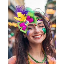 IYOU Feather Mardi Gras Headband Green Bow Headpiece Bow Party Festival Carnival Hair Accessories for Women