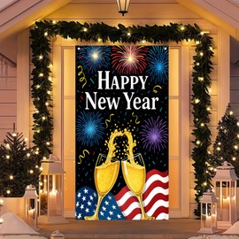 Happy New Year Door Cover 71x35 Inch Colorful New Year Champagne Door Covers Party Banner for Front Door Porch Decor Photography Backdrop Home Kitchen Winter Seasonal Entryway Decor