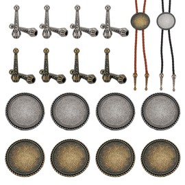 AHANDMAKER Bolo Tie Making Kits, 16Pcs 1.28Inch Long Bolo Tie Tips Cord Ends, 8Pcs Blank Bolo Tie Buckle Round Slides Clasp 1.5Inch Cabochon Settings, Bolo Necklace Replacement Kit for Bolo Tie Making