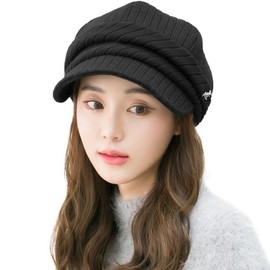 Siggi Women's Knit Hat, Cap, Cap, Adjustable Size, Cotton, With Brim, Plain, Large Size, For Autumn & Winter, Cold, 89365-black