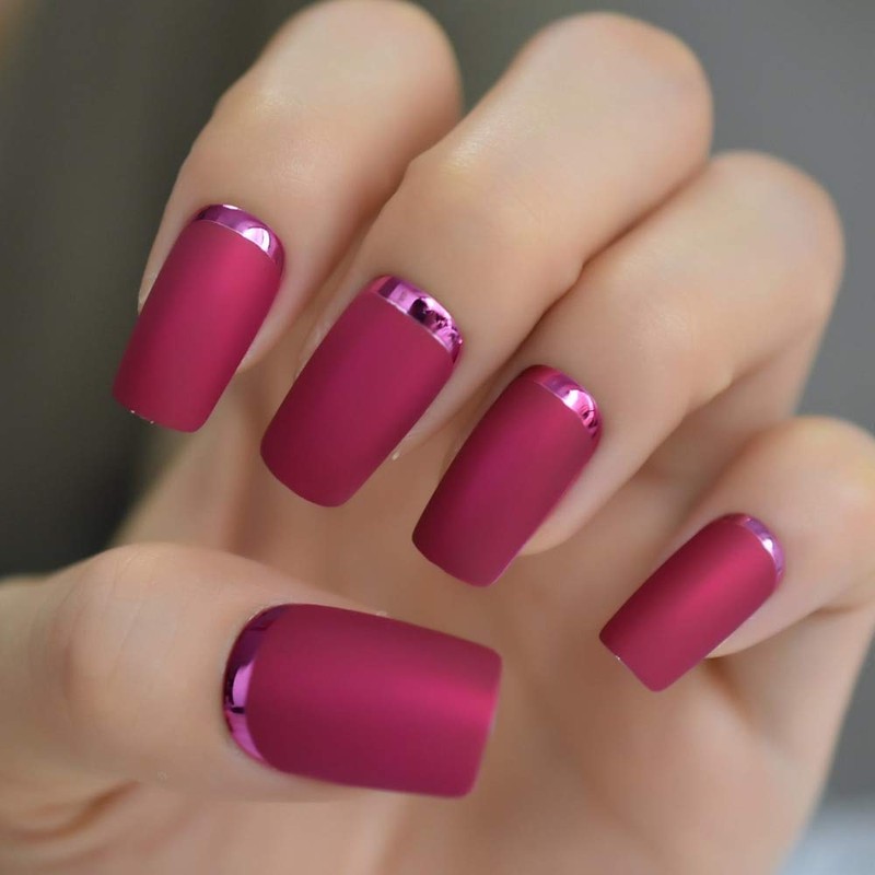 Slim Gorgeous Fake Nails Matte Rose Red with Metallic Moo