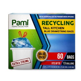 PAMI Recycling Tall 13-Gallon Kitchen Drawstring Trash Bags- Extra-Strong Plastic Garbage Bags [Blue 60 Pack]- Thick Trash Can Liners For Kitchen & Outdoor Bins- 2ft x2ft Unscented Trash Bags
