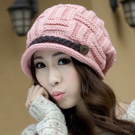 Roll Up Women's Girls Cute Winter Cozy Fur Earflap Knitted Wool Button Braided Strap Ski Cap Beret Newsboy Beanie Hat Visor (Pink1)