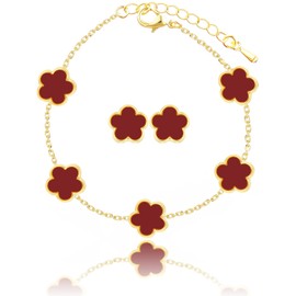 Qinpan Four Leaf Clover Earring and Bracelet Set for Women Lucky Flower 14K Gold Jewelry, 12*12mm, Yellow Gold, Chalcedony