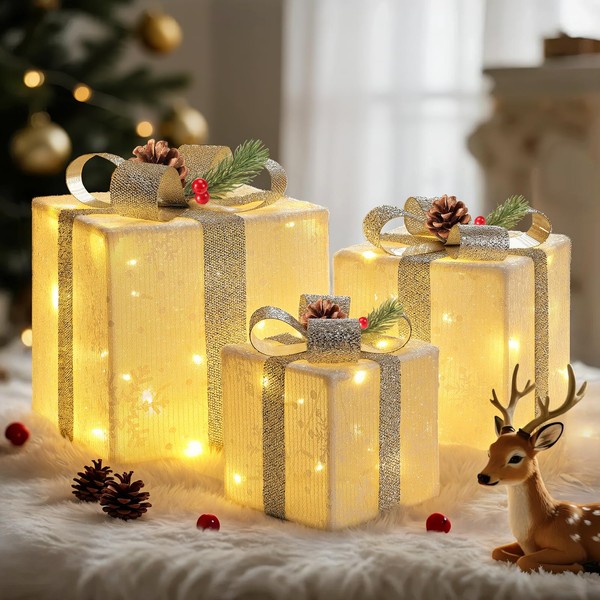 Lewondr Christmas Lighted Gift Boxes, 3 PCS Light Up Christmas