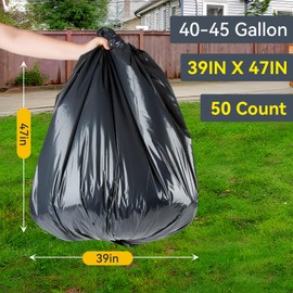 RFSLDUN 40-45 Gallon Trash Bags Heavy Duty 50 Count Large Black Plastic Garbage Bags for Home, Kitchen, Commercial, Yard, Lawn (Black, 50 Count(39"X47"))