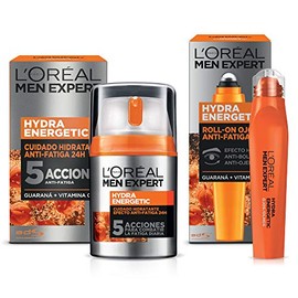 LOral Paris Men Expert Kit Hydra Energetic Crema para Hombre y Roll-on Anti Ojeras con Extracto de Vitamina C y Guarana