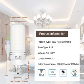 TSOCO E12 LED Bulbs,16W LED Chandelier Light Bulbs,120 Watt Equivalent,6000K Daylight White,1400LM,Non-Dimmable Ceiling Fan Light Bulbs,Pack of 3 (Ivory-Daylight-16W)