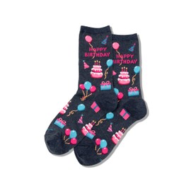 Hot Sox Women's Fun Pop Culture & Celebration Crew Socks-1 Pair Pack-Cool & Funny Novelty Gifts, Happy Birthday (Denim Heather), Shoe Size: 4-10
