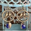 Bronze Bird, Golden Leaf and Cobalt Blue Teardrop Earrings Spring