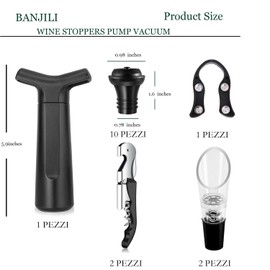 BANJILI - Wine Pump, Includes 10 Reusable Silica Gel Wine Stoppers, 16 Pieces Wine Cork Set, 1 Vacuum Pump for Wine, 1 Foil Cutter, 2 Pourers, 2 Wine Corkscrew, Black Round