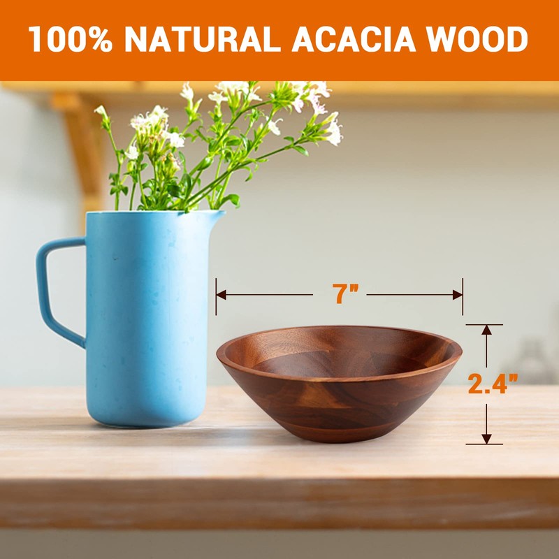 AIDEA Acacia Wooden Serving Bowls, 7 Inch Set of 4