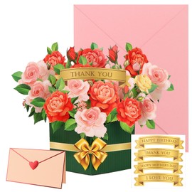 MOTIBACK Pop Up Cards, Rose Flower Forever Bouquet 3D Greeting Card, Bouquet Ornamen Birthday Cards, Handwritten Thank You Card, Blank Envelope and Blessing Insert