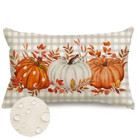 RABUSOFA Fall Pillow Covers 12x20 Inch Outdoor Waterproof Autumn Decorations for Home Gray Buffalo Check Polka Dot Pumpkin Thanksgiving Decor Decorative Throw Cushion Covers for Couch Burnt Orange