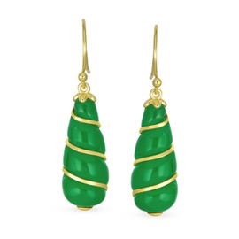 Long Green Jade Tear Drop Earrings for Women Classic Elegant Genuine Gemstone 14K Yellow Gold Overlay Accent .925 Sterling Silver French Hook, Yellow Gold, Jade