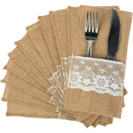 FQTANJU 50 PCS 4"x8" Burlap Lace Utensil Cutlery Holders Pouch Silverware Holder Knifes Forks Bags Burlap Napkin Bag for Rustic Wedding Party Decorations favors
