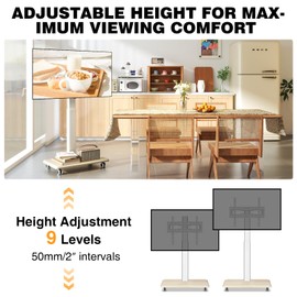 TVON Rolling TV Stand for 32 to 65 70 Inch TVs, Elegant Floor TV Stand with Wheels, Mobile TV Cart with 9 Levels of Height Adjustment for Optimal Viewing, White Floor Stand for Living Room