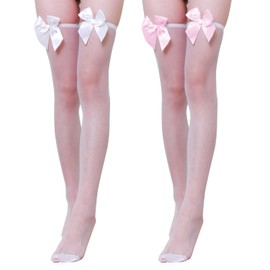 Deilonie Women's 2 Pair White Thigh High Socks with Bows, Knee High Socks, White Stockings with Satin Bows, Suitable for Gifts, for Women Valentine's Day Favors