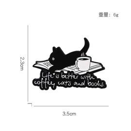 Cute Little Black Cat Enamel Lapel Pin Lift Is Better With Coffee Cats And Books Metal Badge Brooch, Collar Pin, Accessory Bag Decoration