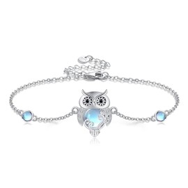 URONE Owl Bracelet 925 Sterling Silver Owl Moonstone Bracelet Owl Jewelry Gifts for Women