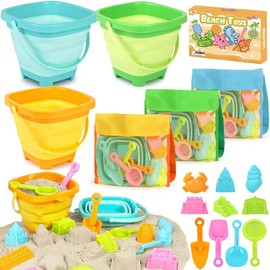 Dreamon Beach Toys Set for Kids 3-10, Collapsible Sand Buckets with Beach Molds & Mesh Bag, 3 Pack Sand Toys for Beach, Sandbox Travel Toys:_Green color(30pcs)