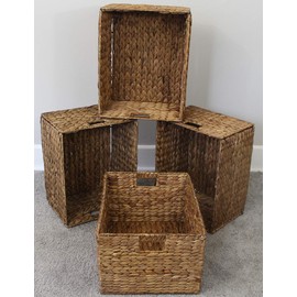 eHemco Rectangular Water Hyacinth Storage Baskets with Iron Wire Frame, Natural, Set of 4