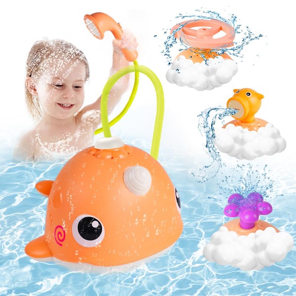 VATOS 4-in-1 baby bath toy, whale baby bathroom toy with 4 types of shower nozzles (flowers, shower, rotation, peas), sprinkler bath toy for baby, infant, toddlers from 18 months