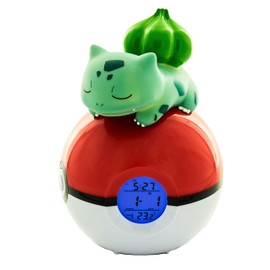 Teknofun - Leuchtender Wecker Pokémon - Bulbizarre Schläft Auf Einem Pokéball - Multifunktions - Gibt Zeit und Dekor - Grün, Rot und Weiß - Für Kinder, Sammler