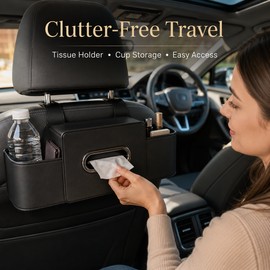 Car Back Seat Organizer for Travel – 4-in-1 ABS Storage with Tissue Holder, Cup Storage & Double Hooks