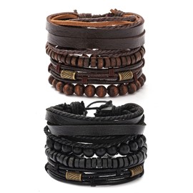 Braided Leather Cuff Bracelets Set Layered Beaded Bracelets for Men Stackable Black Leather Wrap Bracelets for Women