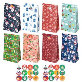 24Pcs Christmas Treat Bags, Mini Xmas Gift Bags with Stickers, Goodie Small for Holiday Gifts Wrapping Party Favor.