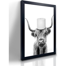 Foduuo Funny Highland Cow Wall Art, Black and White Cow Picture, Waterproof Canvas Framed Humor Animals Bathroom Artwork Wall Decor High-end Pictures for Bedroom Kids Room, Bathroom Decor 8x10in