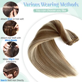 Sew In Hair Extensions Real Human Hair, 20 Inch Weft Extensions Real Remy Hair Golden Blonde Balayage Blonde Highlights Double Weft Full Head Straight Hair Weaves 100G Hair Weft Bundles Straight Hair