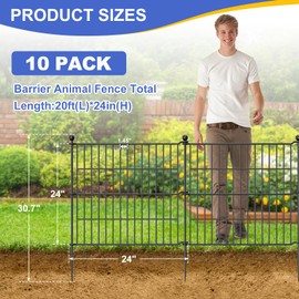 10 Panels No Dig Garden Fence Outdoor for Yard, 24 in(H) X 20 ft(L) Animal Barrier Pet Fencing Rustproof Decorative Metal Wire Panel Border for Dog, Rabbits, and Patio Temporary Ground Stakes