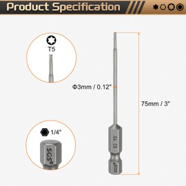 sourcing map 3pcs T5 Torx Head Screwdriver Bit 1/4" Hex Shank 3" (75mm) Long Magnetic No Hole Tip Tamper Proof 6 Point Star Screw Driver Drill Bits S2 Steel Industrial Power Screwdrivers