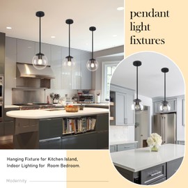 Bagood 6 Inch Globe Pendant Light Black Mid Century Pendant Light Clear Glass Pendant Lights Kitchen Island Mid Century Adjustable Hanging Farmhouse Pendant Light Fixtures for Kitchen Island