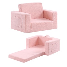 Givjoy Toddler Chair Sherpa Kids Couch, 2-in-1 Toddler Soft Kids Sofa Toddler Lounger Chair for Bedroom, Convertible Toddler Couch for Girls and Boys, Reading Chair for Kids, Pink