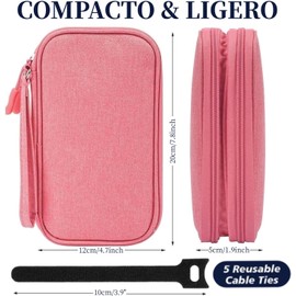 Organizador Portátil para Electrónicos,Bolsa para Accesorios Electrónicos Impermeablede con Doble Capa,estuche para cables viaje para Cables USB,Audífonos,Móviles,Cargadores,Tarjeta SD/TF（Rosa）
