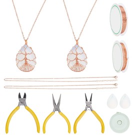 WEBEEDY Wire Wrapping Jewelry Making Kit, DIY 2 Wire Wrapped Tree of Life Chakra Pendant, Drop Shape Necklaces Making Kit Crystal Stone Necklace for Women Men Jewelry Making Supplies