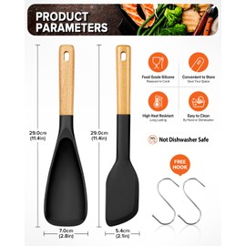 Cooking Spoon and Scraper for Nonstick Cookwares, Great for Cooking and Serving Durable BPA-Free Matte Silicone, Wood Handle Multifunction Spoon for Mixing, Scoop, and Scrape (BLACK)