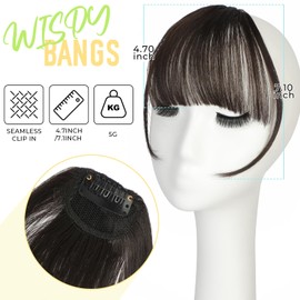 Clip in Bangs, Synthetic Wispy Bang Hair Clip, Fake Bangs Fringe Hair Extensions with Temples for Women, Natural Curved Hairpieces for Daily Wear Dark Brown