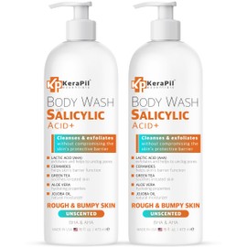 KERAPIL Salicylic Acid Body Wash - Skin Non-drying, Gentle Exfoliates Rough and Bumpy Skin, Body Acne Wash, BHA & AHA - Unscented Exfoliating Body Wash, Made in USA - (16 fl oz x 2)