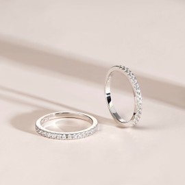 JALOKIVI 2mm 925 Sterling Silver Eternity Rings for Women Round Shape Cubic Zirconia Half Eternity Wedding Bands Size 6.5