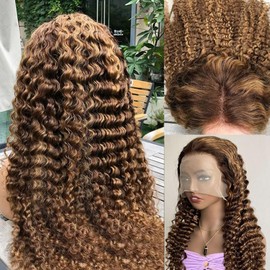 Highlight 13x4 HD Lace Front Wigs Human Hair 4/27 Deep Wave Human Hair Wigs for Black Women Ombre Honey Blonde Curly Lace Frontal Wig Human Hair Pre Plucked 180% Density with Baby Hair (24inch)