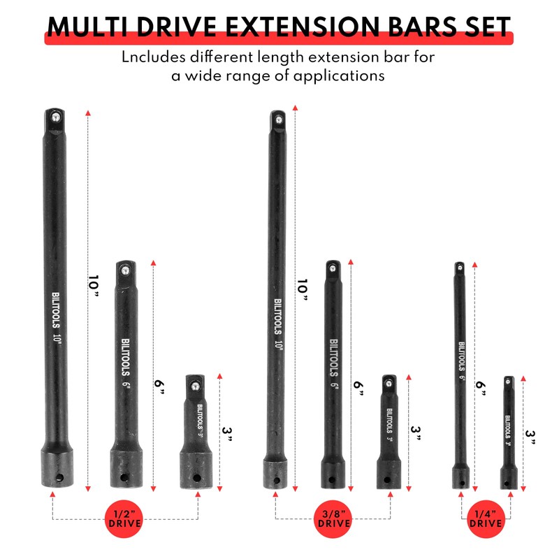 BILITOOLS 18-Piece Impact Socket Extension Set,includes 1/4" 3/8” & 1/2”