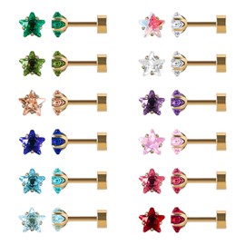 12 Pairs Flat Back Surgical Stainless Steel Stud Earrings, 18K Gold Plated Silver Screw Back Heart Star Round Cubic Zirconia CZ Birthstone Stud Earrings Set (Gold star 4mm)