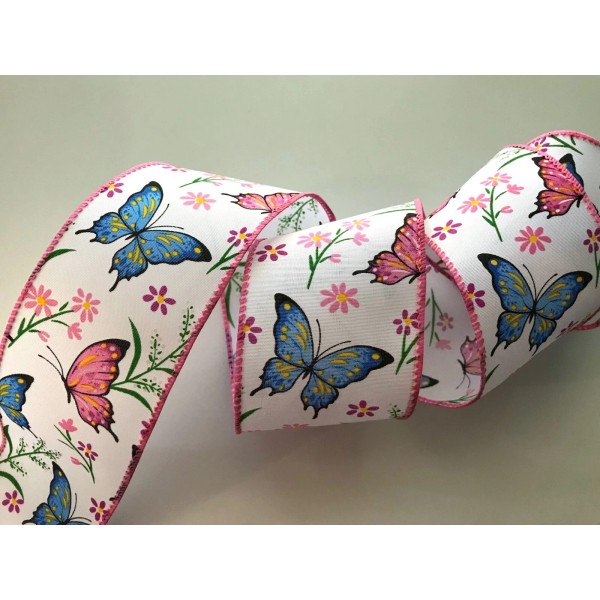 Decorative Ribbon Pink and Blue Butterflies with Flowers Ribbon, 2